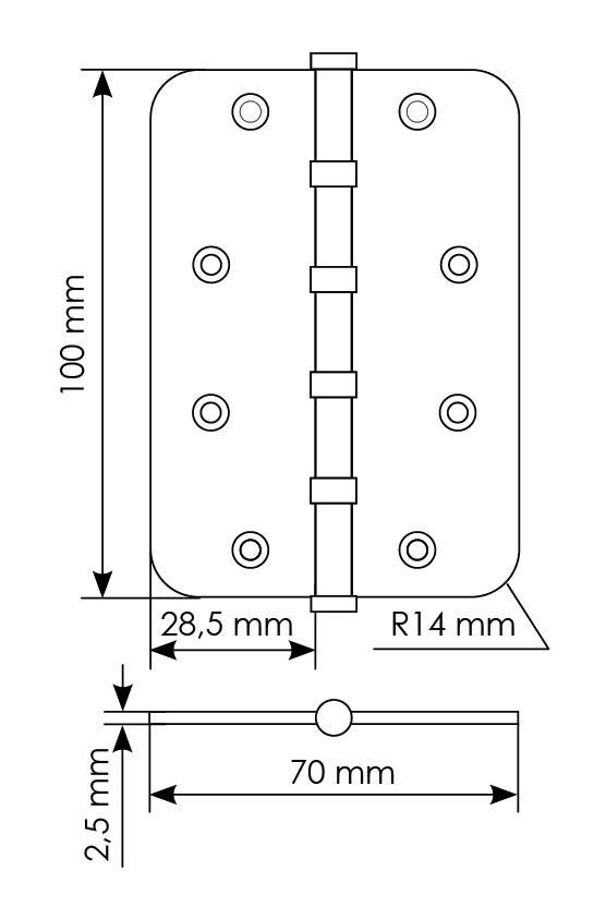 Петля стальная MSN-C 100X70X2.5-4BB SN скругленная универсальная с подшипником, вес полотна до 40 кг, цвет белый никель фото купить в Ярославле