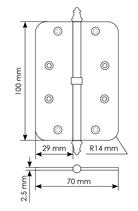 Петля разъемная MS-C 100X70X2.5 SG L левая с коронкой скругленная, врезная, цвет мат.золото, сталь фото купить в Ярославле